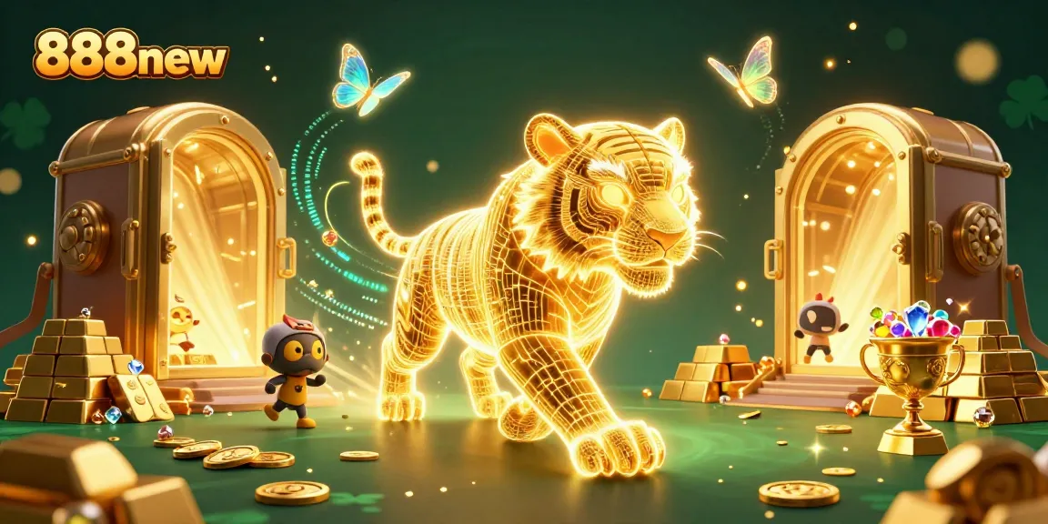 Experience the magic of 888new casino with a golden tiger and treasures cascading in a dazzling digital landscape.