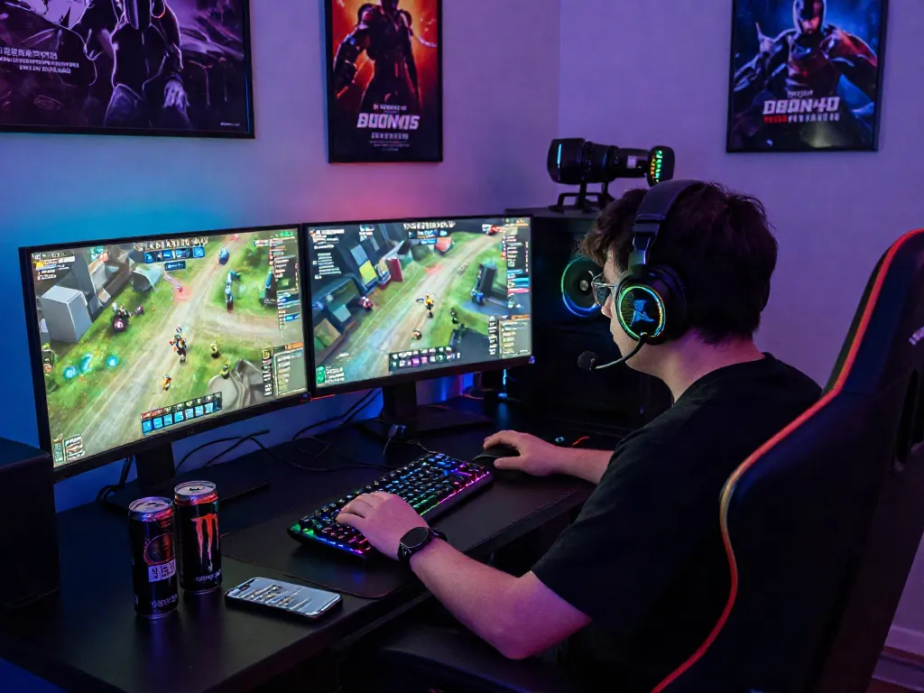 Gamer asik bermain diana4d, kursi gaming modern, monitor dan peralatan bermain.