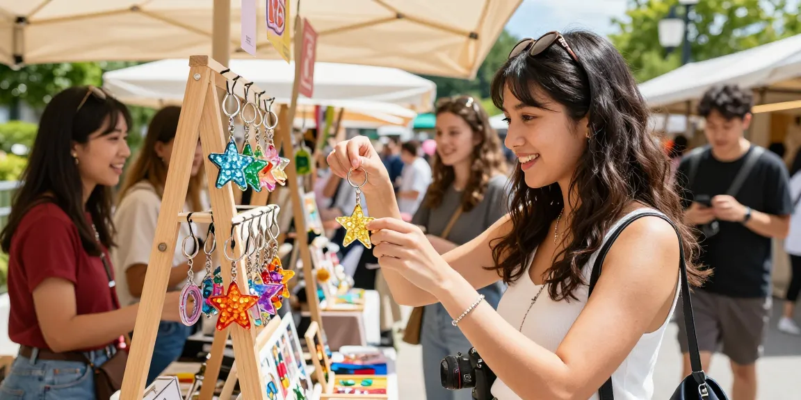 Custom Acrylic Diamond Keychain display in a vibrant outdoor market, showcasing unique designs under bright sunlight.