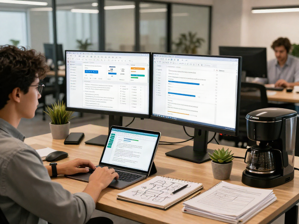 Data analyst using document fraud detection software in a modern office environment with dual monitors and analytics.