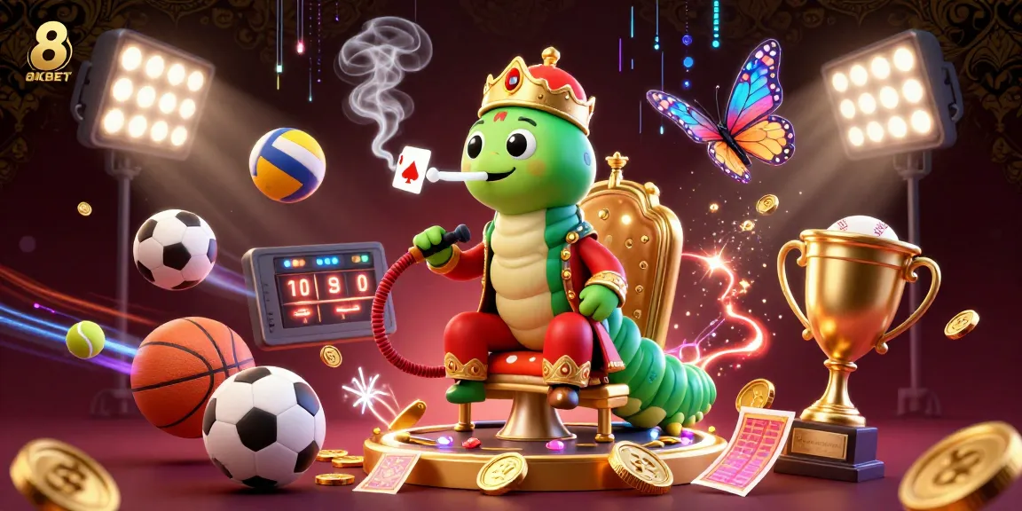 Engage with the vibrant casino-themed world of 8KBET, where a whimsical caterpillar character and dynamic sports elements come alive.