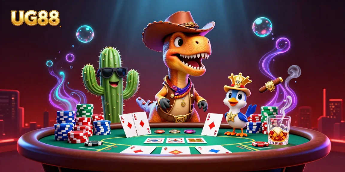 Engage in thrilling poker action at UG88 with a vibrant 3D illustration featuring a T-Rex and lively companions.
