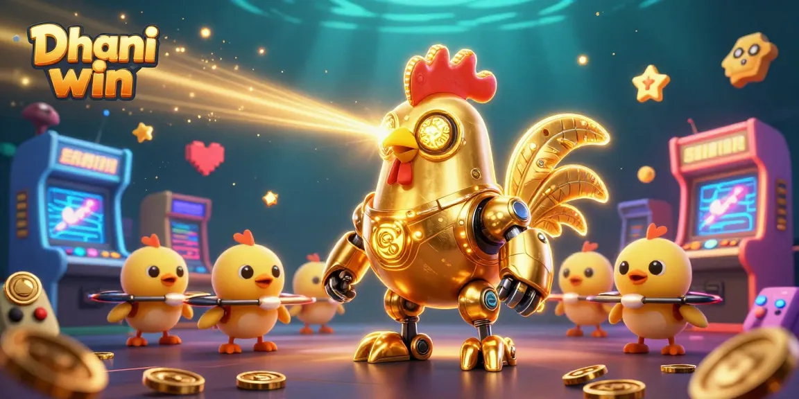 Dhani win platform showcasing golden rooster robot and chick drones among vibrant casino games action.