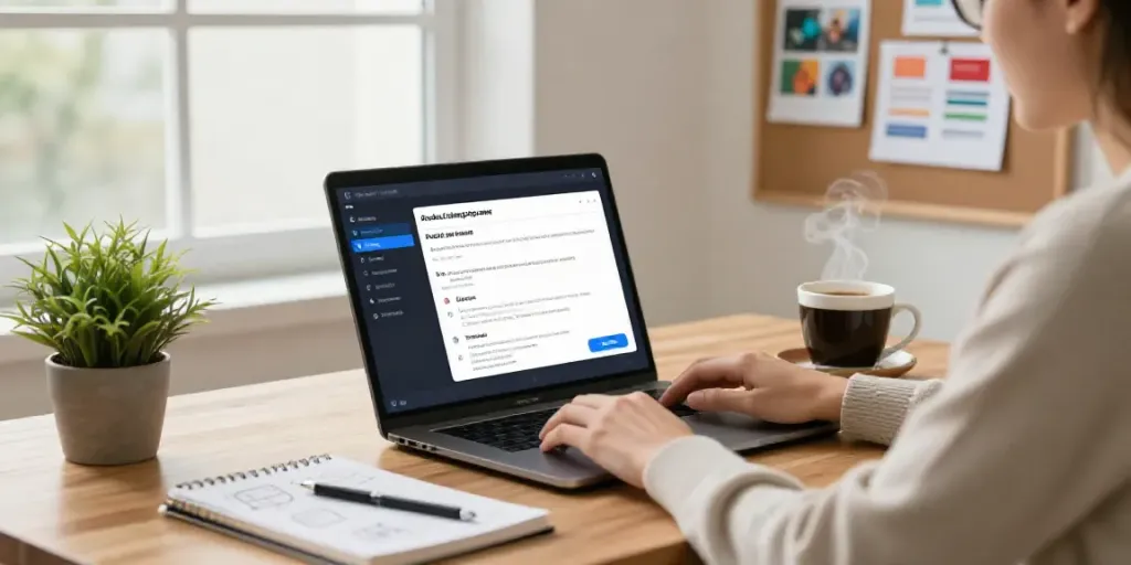 Using an AI product listing copy generator in a modern e-commerce workspace with an entrepreneur creating engaging content.