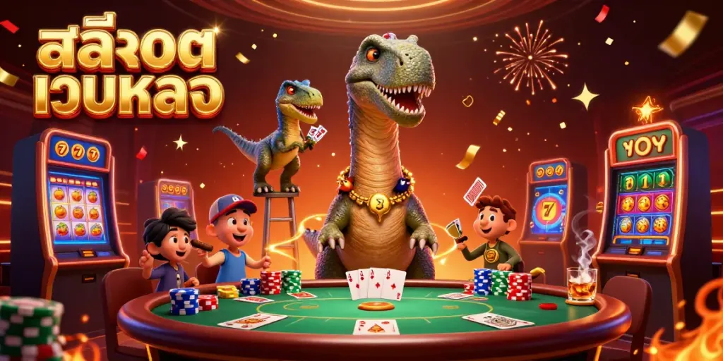 Experience สล็อตเว็บตรง thrills with a giant brontosaurus observing an exciting poker game and slots!