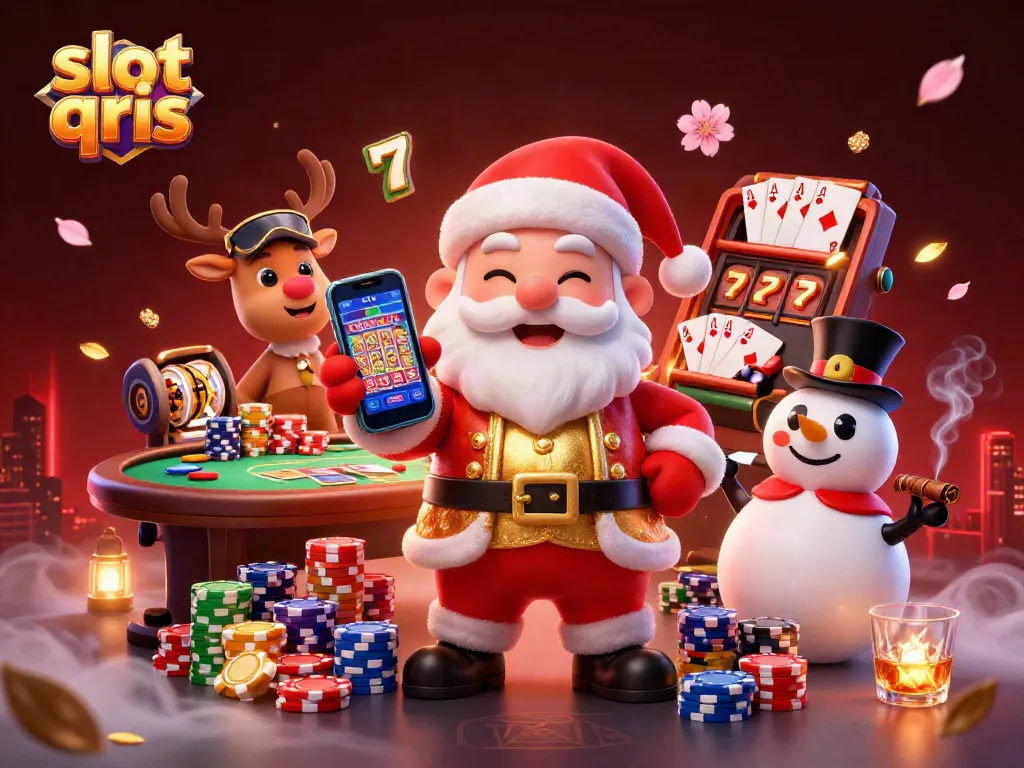 Experience slot qris with a festive Santa and his reindeer in a vibrant casino scene.