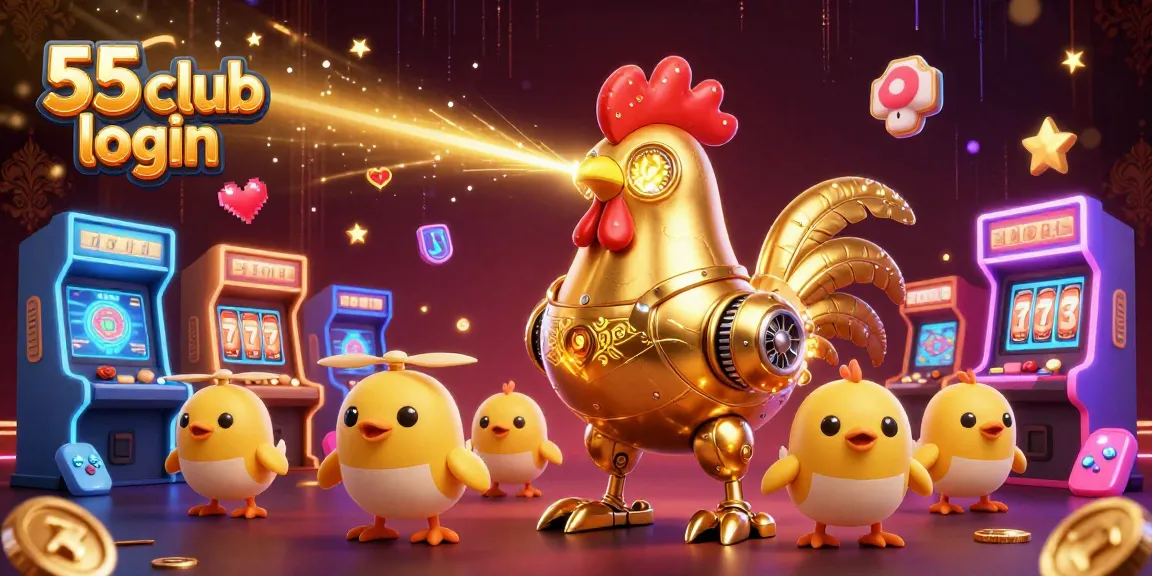 Experience the excitement at 55 club login with a cartoon robot and baby chick drones in a vibrant casino scene