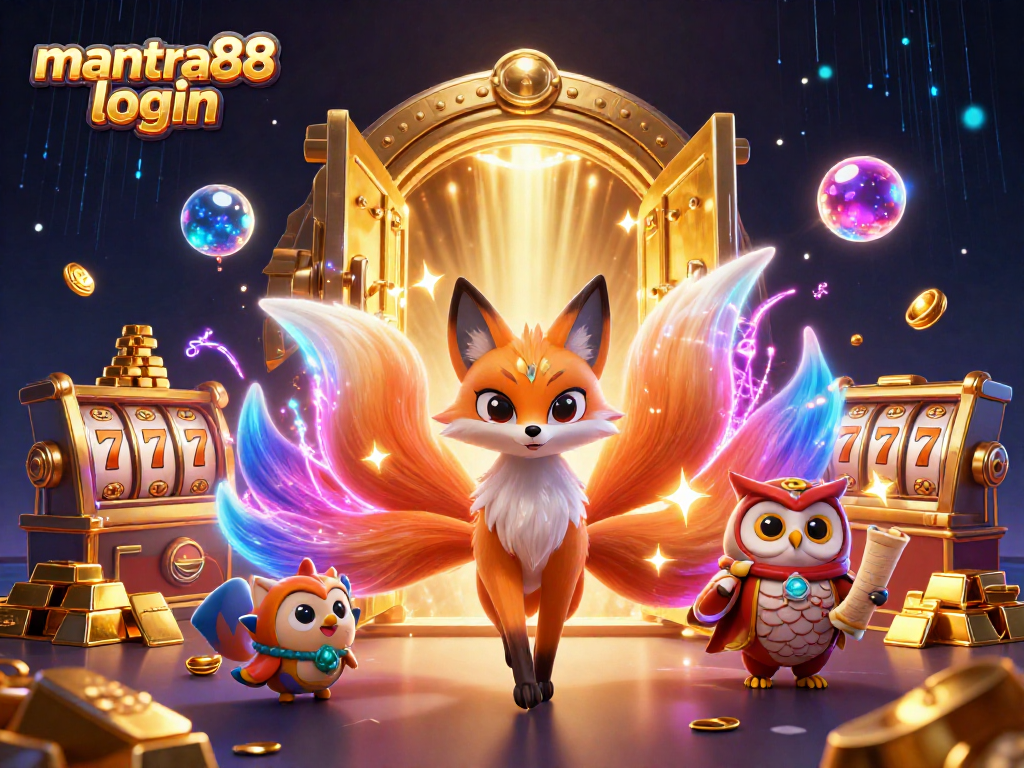 Play with mantra88 login for a rich casino experience featuring vibrant 3D characters and slot elements.