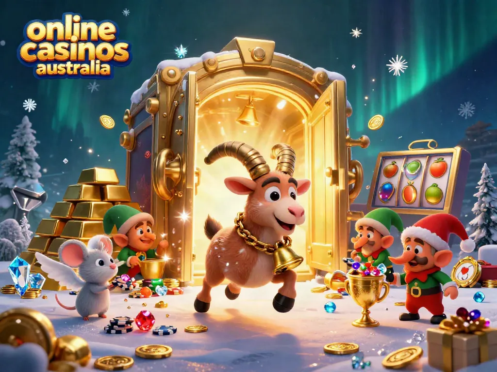 Experience the excitement of online casinos Australia with festive characters in a vibrant 3D scene.