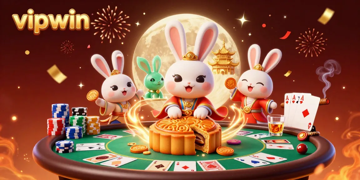 Experience excitement at vipwin with playful moon rabbits revealing poker chips, vivid casino elements involved.