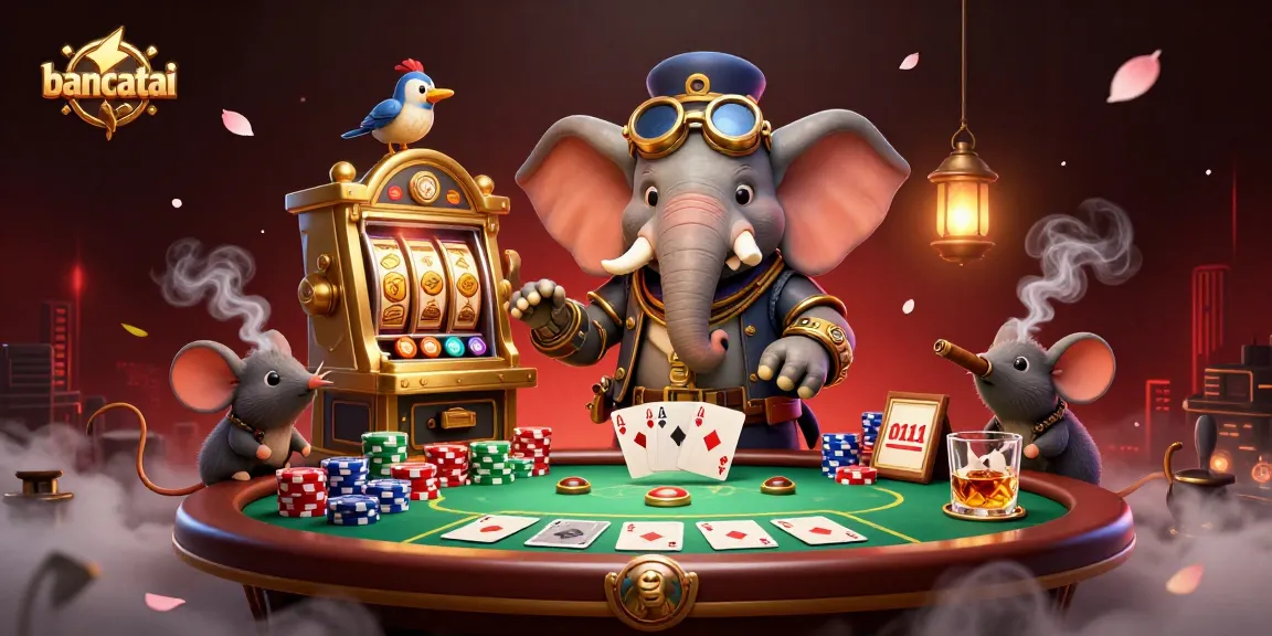 Bancatai showcases a steampunk elephant engineer operating a slot machine amidst vibrant gambling elements.