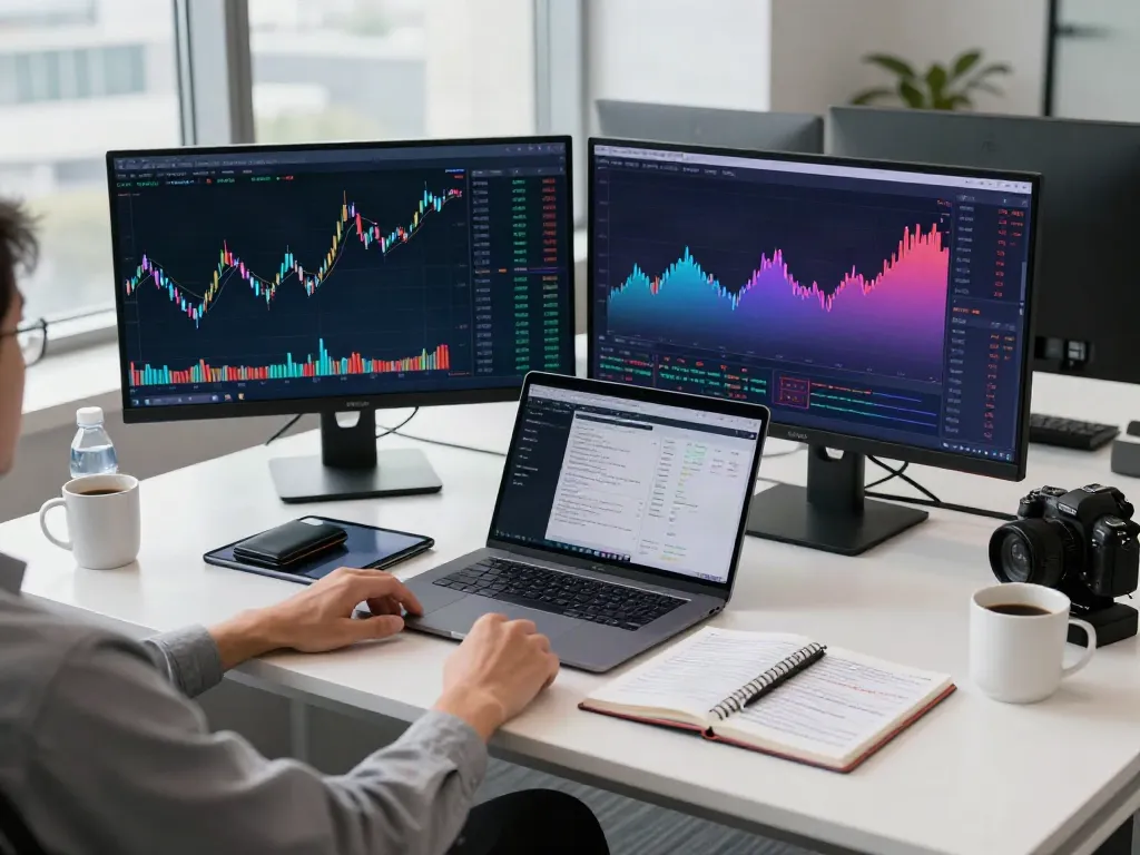 HK stock real-time API insights displayed on dual monitors in a modern trading workspace with innovative tech.