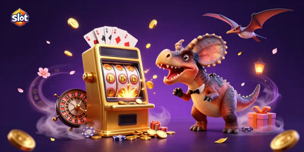 Slot jackpot yang dipukul oleh dinosaurus kartun, melambangkan kesenangan kasino.