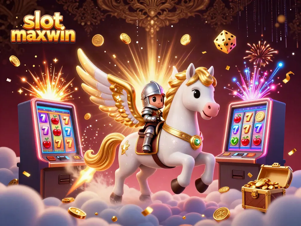 Menampilkan scene fantastis permainan slot maxwin dengan kuda bercahaya dan knight, dikelilingi jackpot dan harta karun.