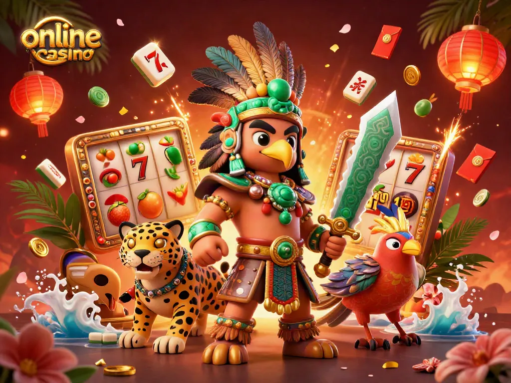 Engage with an online casino through vibrant characters and dynamic game elements in a rich 3D scene.