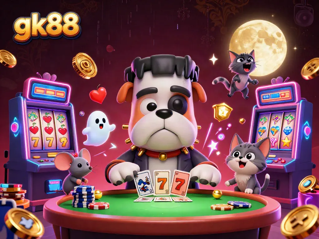Play thrilling games at gk88 with a vibrant 3D casino scene full of characters and slot machines.