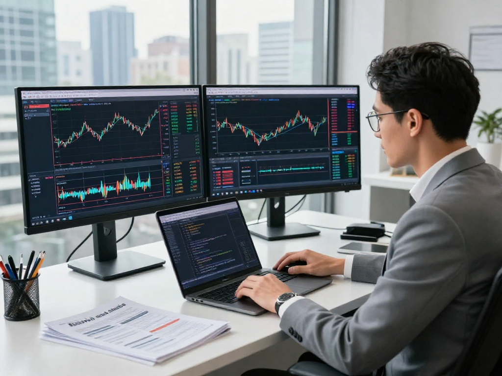 Focus on metatrader 5 analysis with a trader working in a modern environment, showcasing professional trading tools.