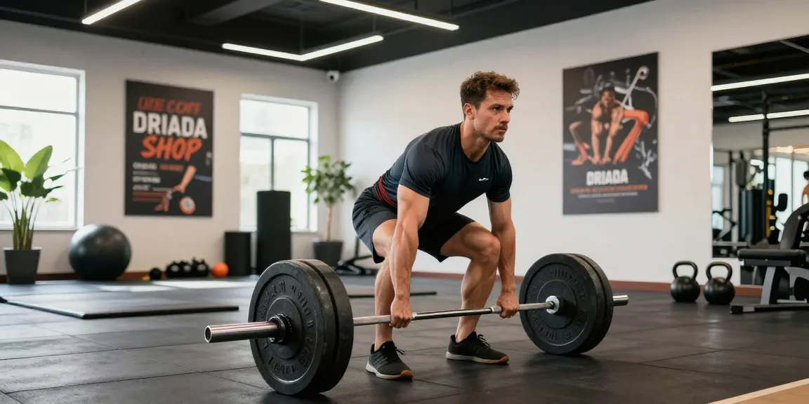 Fit athlete lifting weights in a modern gym, showcasing Driada Shop's fitness products.