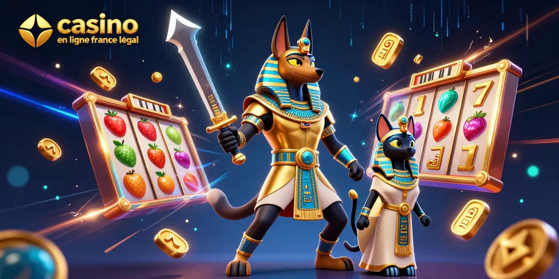 Illustration dynamique de casino en ligne France légal avec Anubis et Bastet, symboles de jeux, gains impressionnants.
