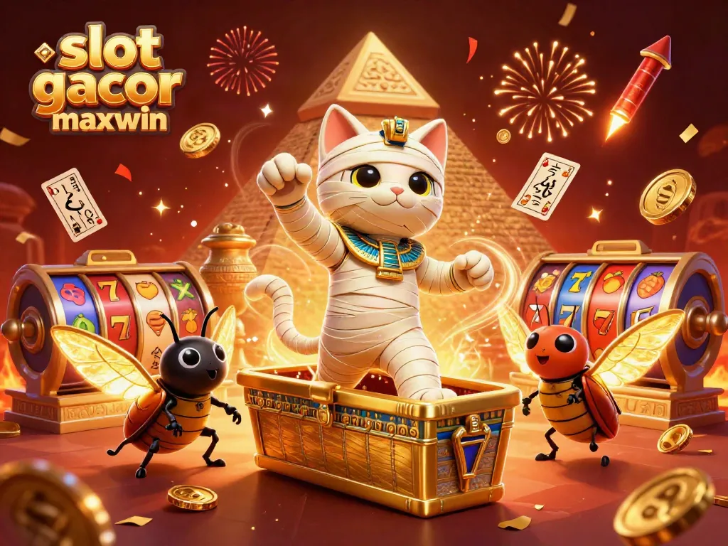 Gambar slot gacor maxwin menampilkan kucing mummy 3D dan simbol slot bergerak dalam suasana kasino.