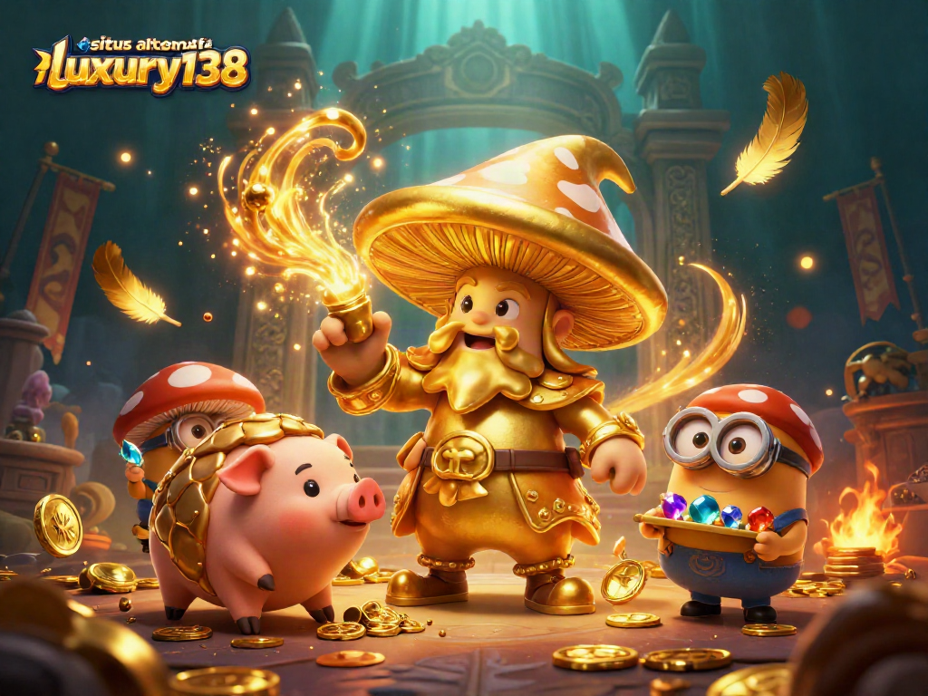 Situs alternatif luxury138 menampilkan karakter penyihir jamur emas dan teman-teman menggali harta jackpot