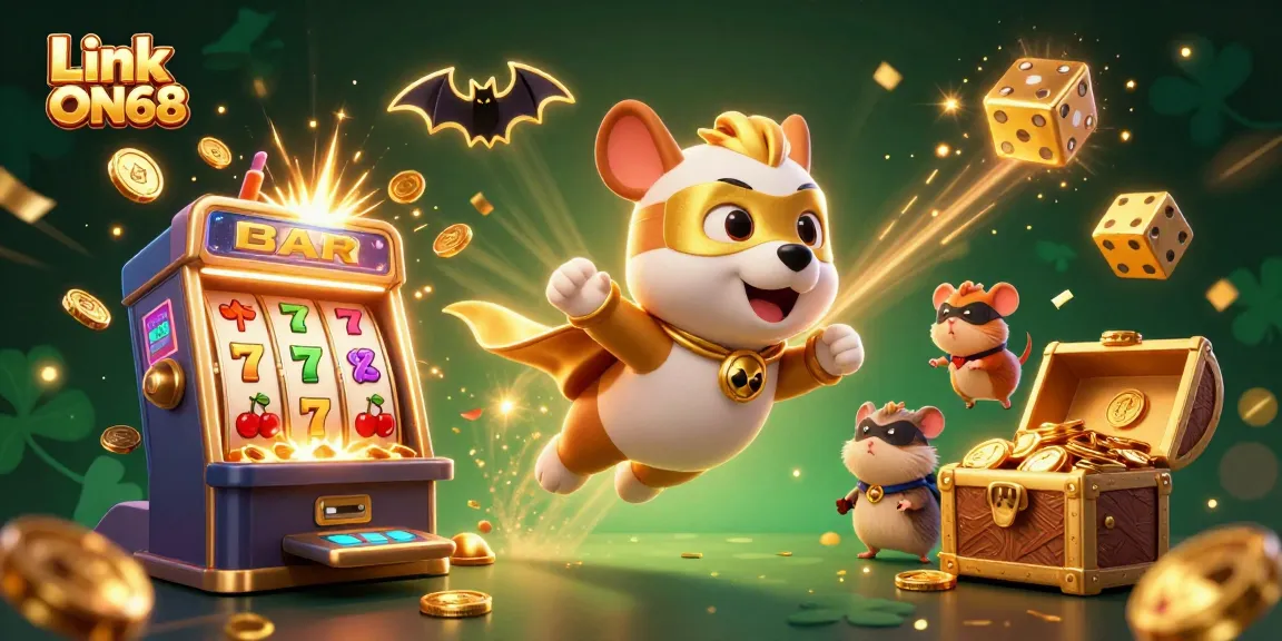 Engaging scene showcasing Link ON68 with cartoon superhero dog, gold coins flying, and a vibrant jackpot atmosphere.