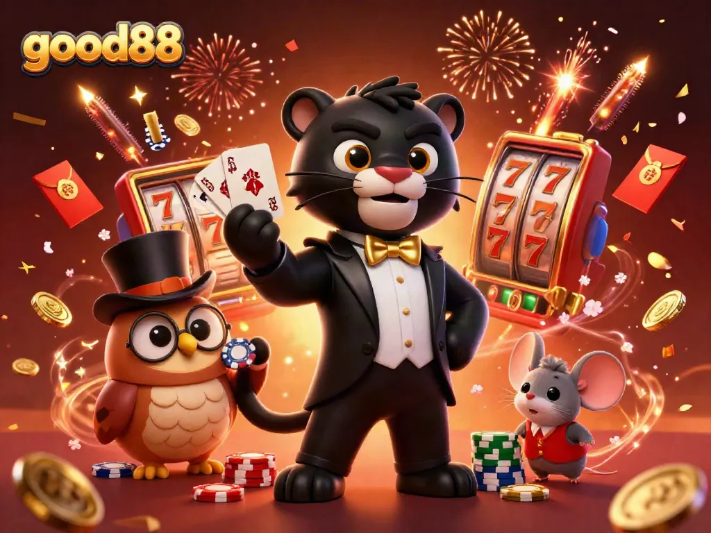 Experience thrilling gameplay with good88 at an exciting 3D casino scene featuring a stylish panther and lucky characters.