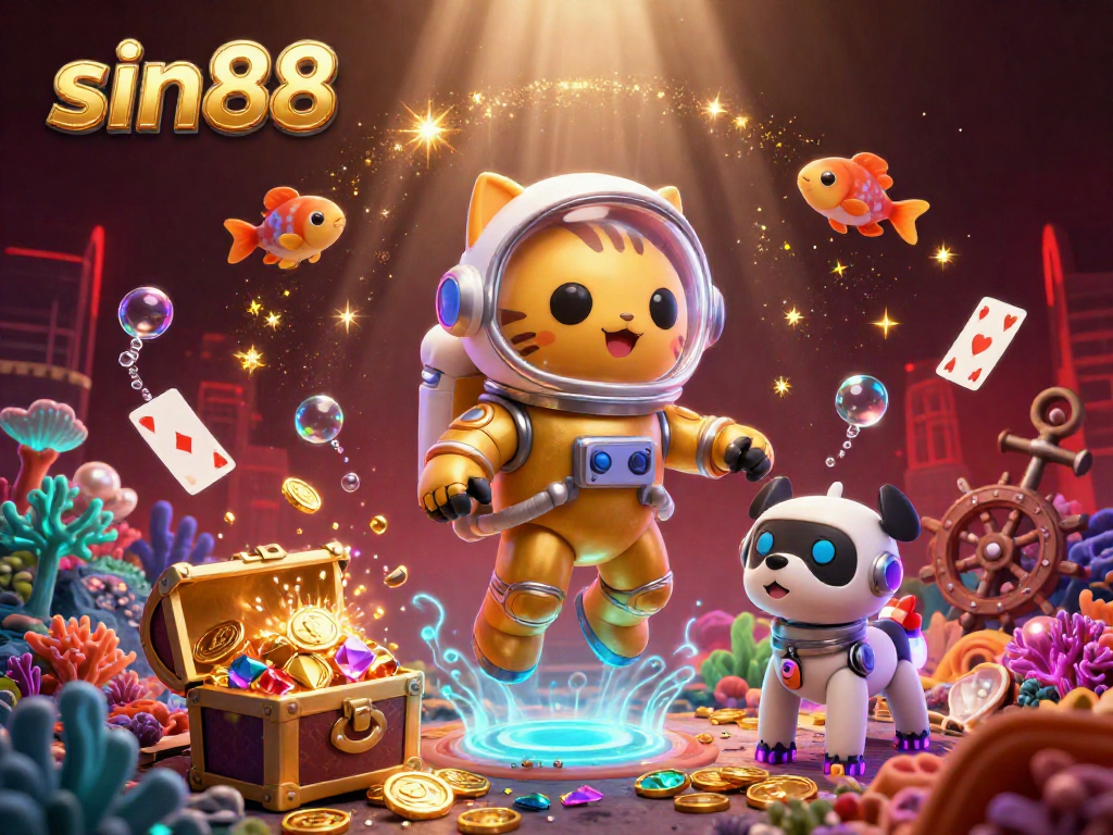 Experience the thrill of sin88 with an astronaut cat and treasure in a vibrant casino scene.