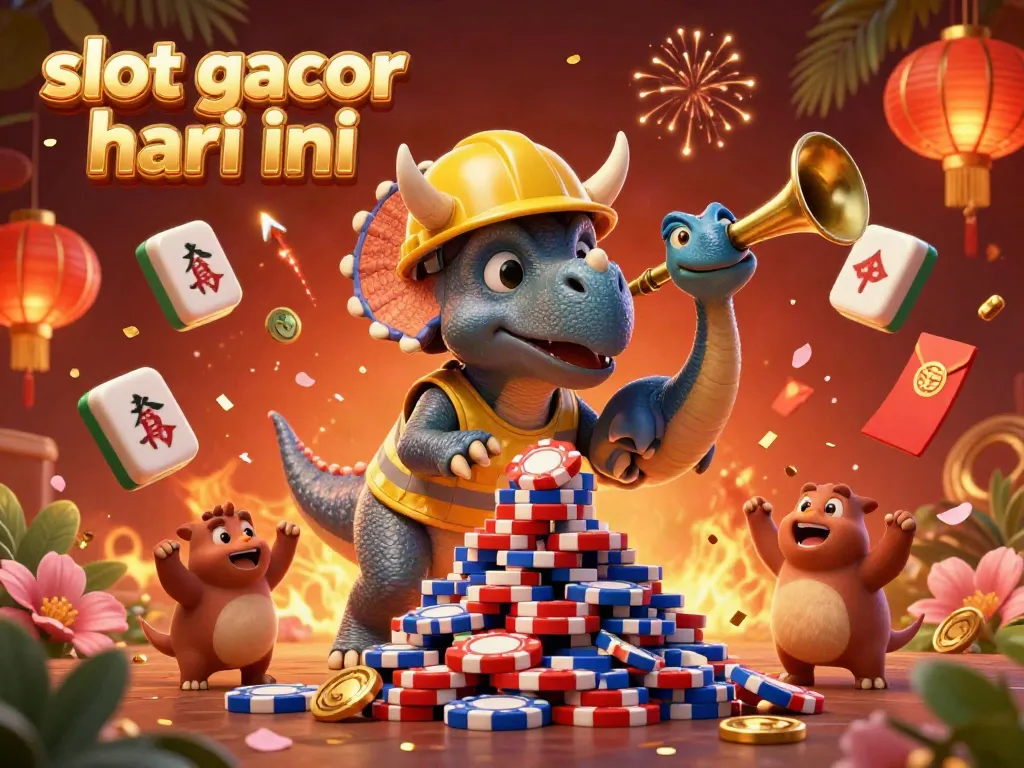 Experience excitement in slot gacor hari ini with a triceratops building a chip pyramid, surrounded by festive decorations.