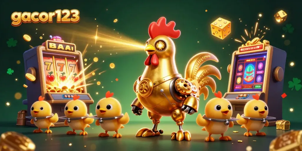 Engage in excitement at gacor123 with a vibrant slot machine explosion and a futuristic golden rooster robot.