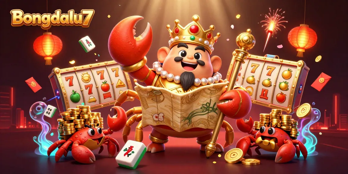 Bongdalu7 fills the scene with a colorful casino adventure, featuring a golden crab emperor and vibrant slot reels.
