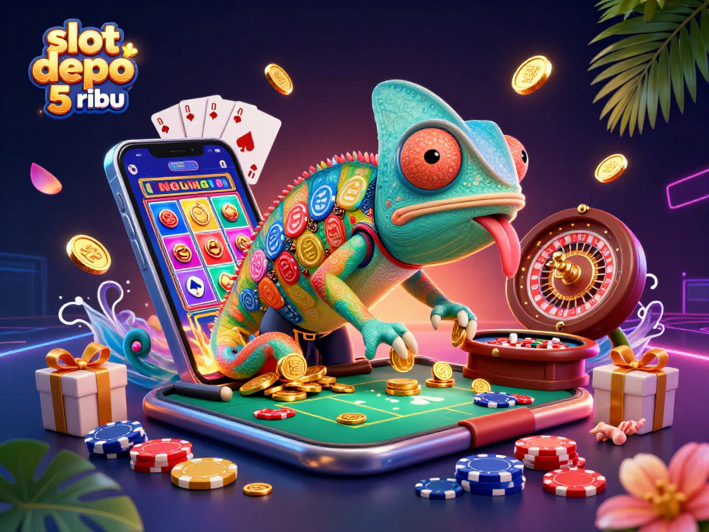 Engage in thrilling gameplay with slot depo 5 ribu, featuring a colorful chameleon casino owner and dynamic slot elements.