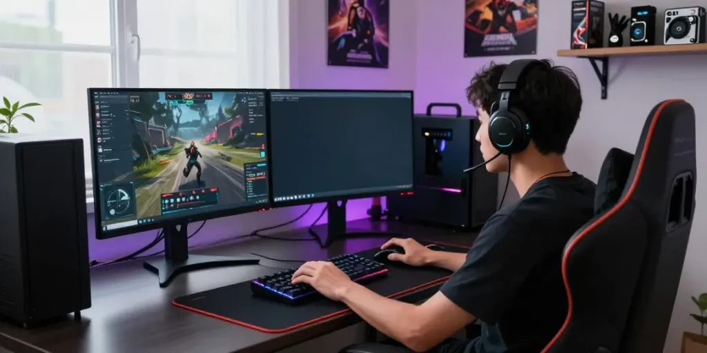 Dynamic online gaming scene showcasing user engagement with https://plustoto4dbigwin.uk.com, featuring a vibrant gaming setup.