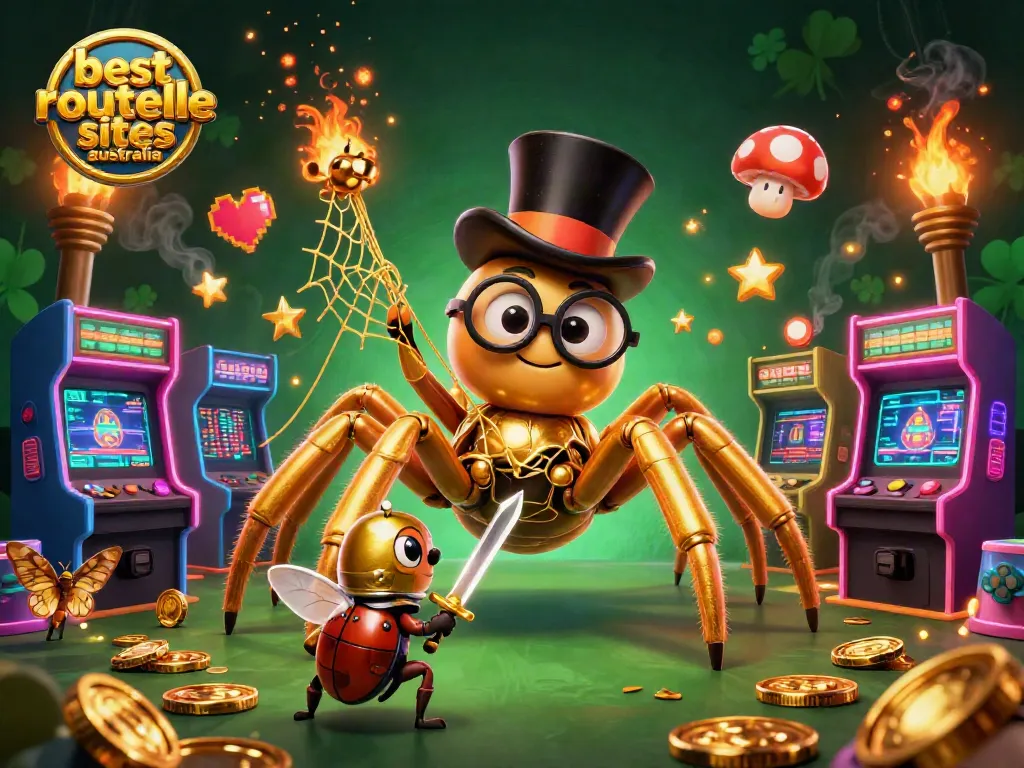 Engage with the best roulette sites Australia through this vibrant 3D illustration depicting a golden tarantula and courageous beetle knight.