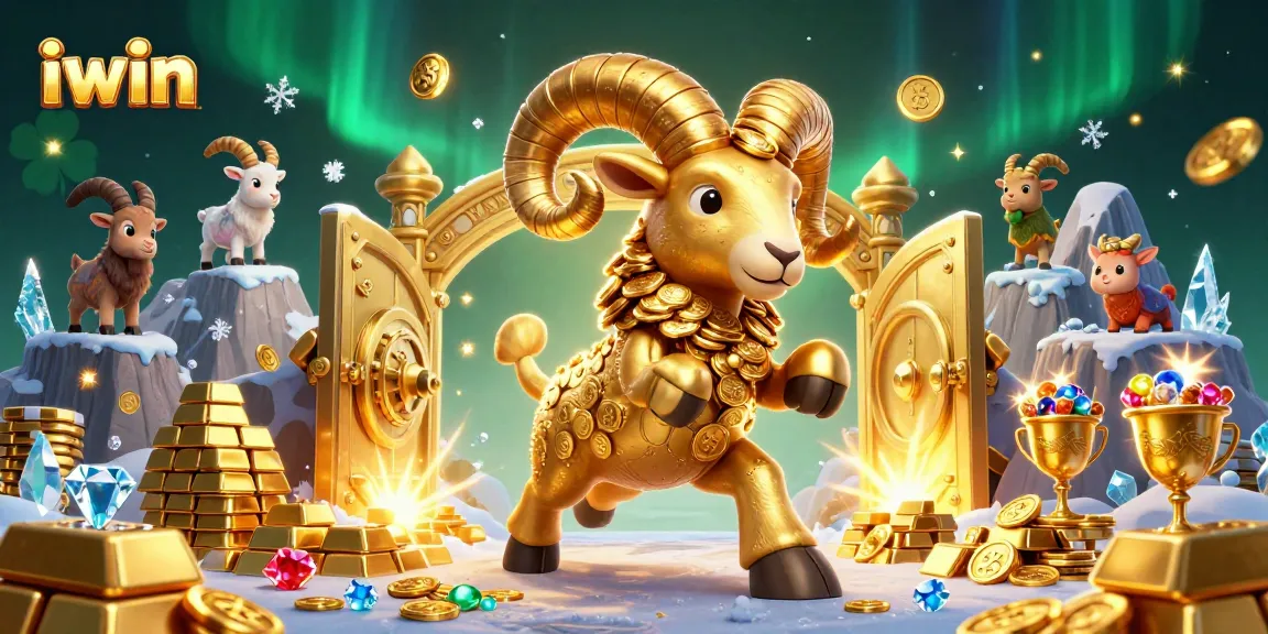 Win big at iwin with a golden ram charging towards treasure in a dynamic casino scene.