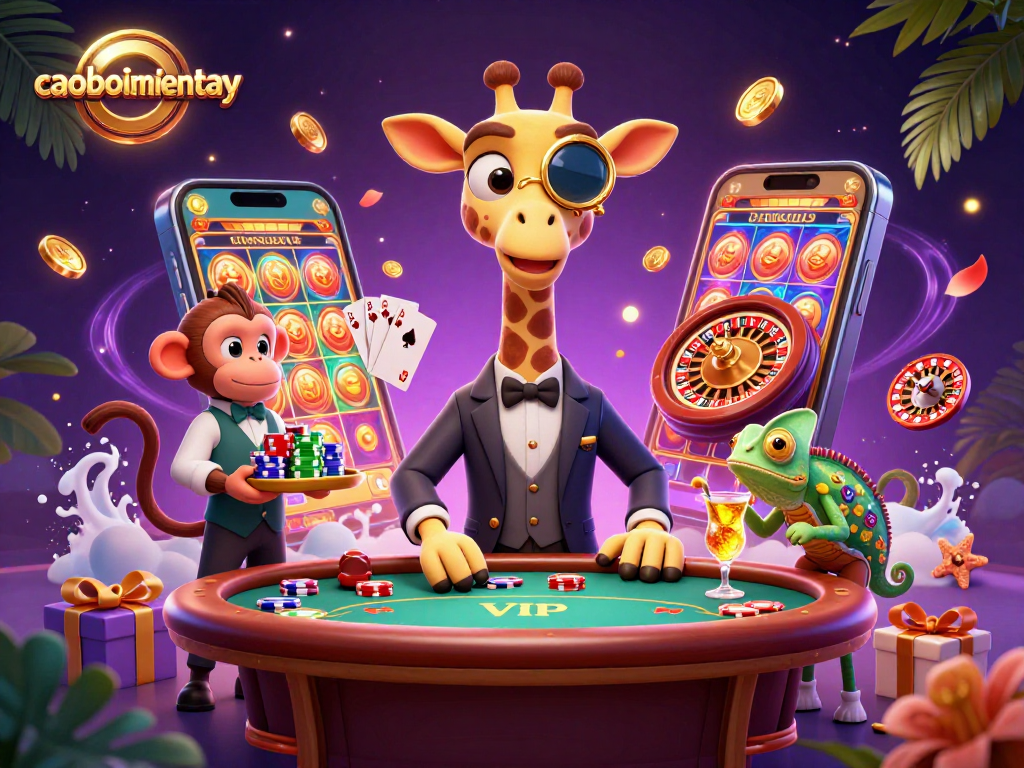 Caoboimientay players enjoy vibrant 3D casino scene with high-roller characters at a poker table.