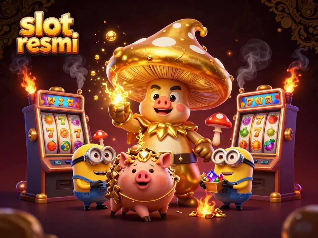 Permainan slot resmi dengan karakter sihir jamur emas dan mesin slot berkilau di latar belakang gelap.