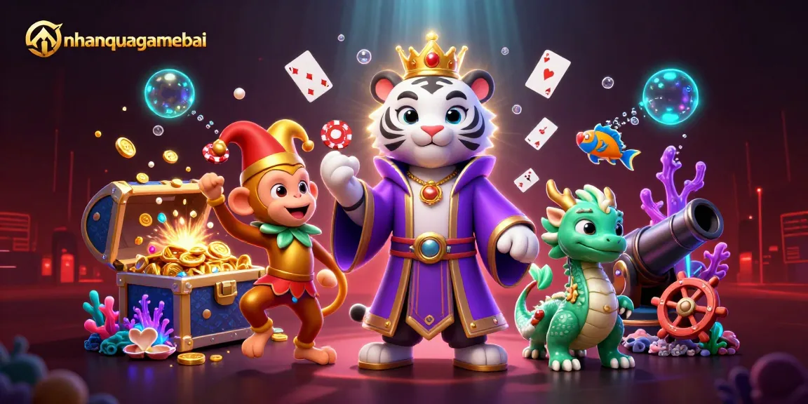 Play Callbreak online with nhanquagamebai's strategic card game featuring a tiger, monkey, and dragon in a vibrant casino scene.