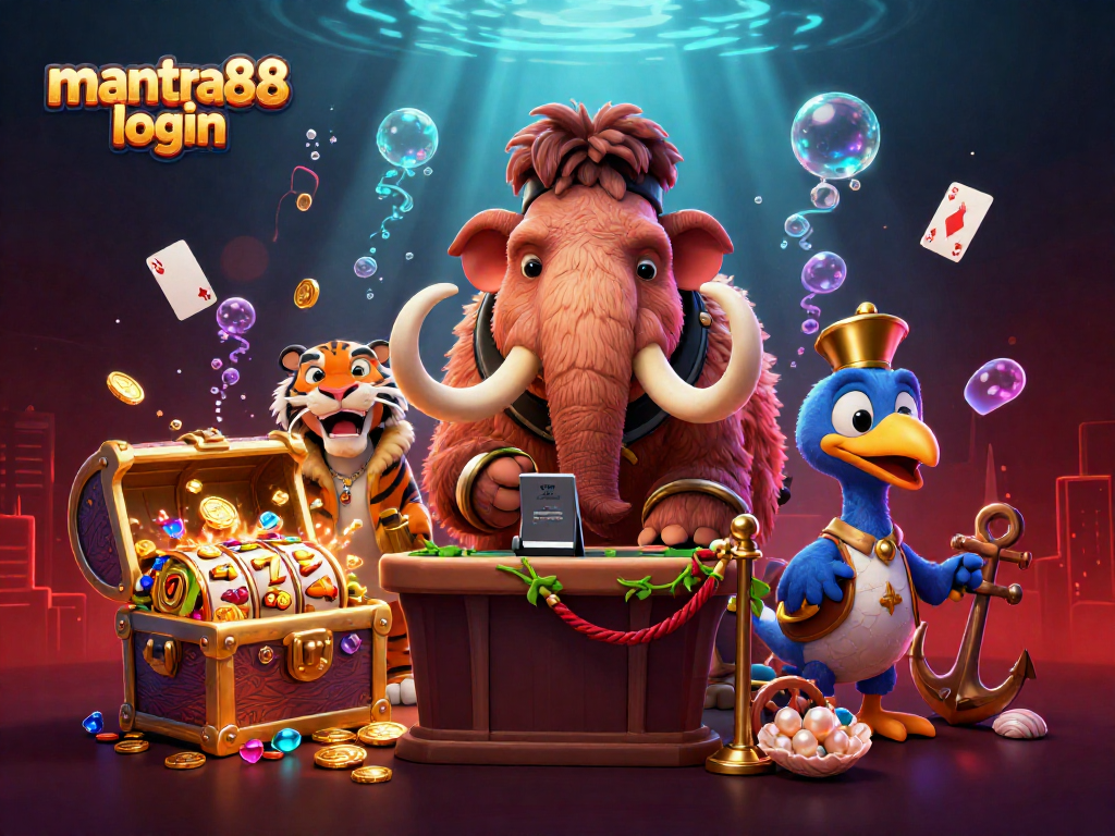 Engagingly showcase mantra88 login with a vibrant casino scene featuring a woolly mammoth bouncer and slot machines.