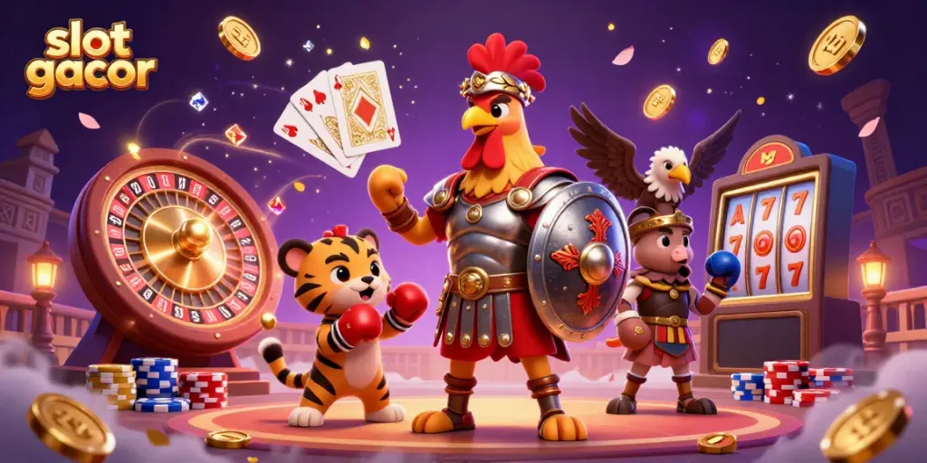 Visualisasi slot gacor dengan karakter ayam jantan dan kucing harimau dalam suasana kasino yang energik.