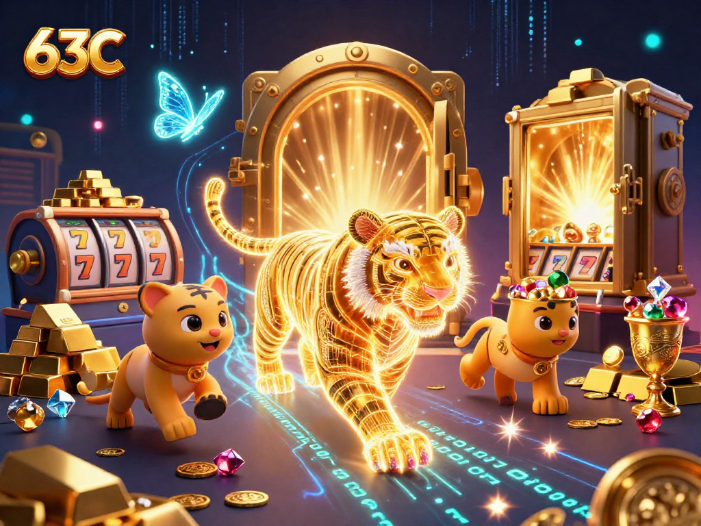 Jogando slots emocionantes no 63C, tigre dourado com efeitos holográficos e tesouros brilhantes.