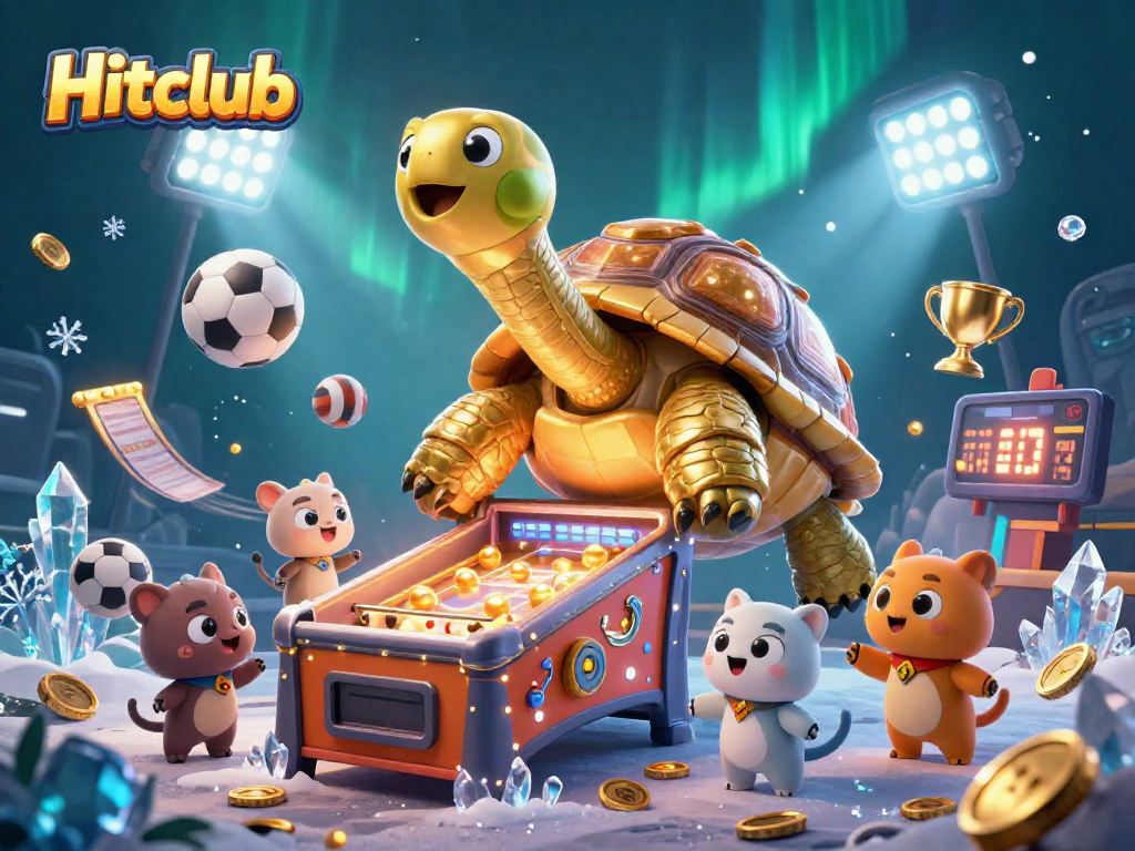 Hitclub showcases an exciting casino scene with a colossal golden tortoise pinball machine and dynamic sports elements.