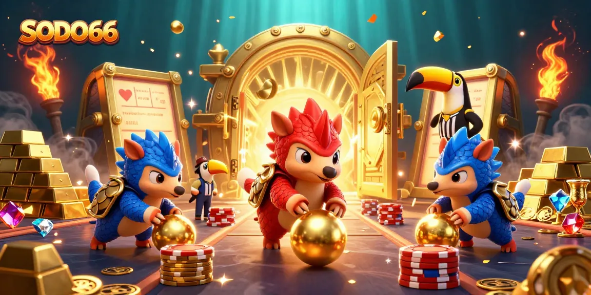 SODO66 pangolins compete in a thrilling casino scene with poker chips, gems, and golden treasures