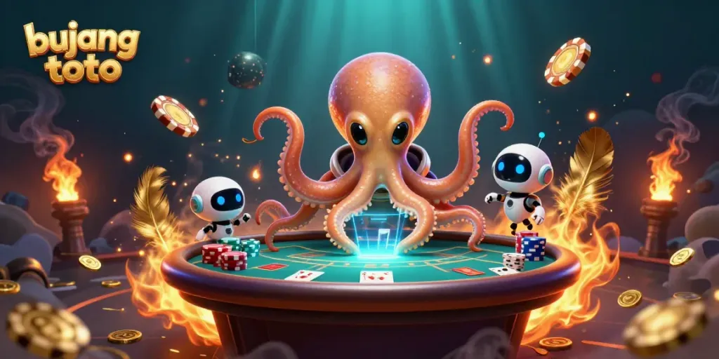 Engage with bujang toto through this vibrant 3D illustration featuring an alien octopus and dynamic poker scene.