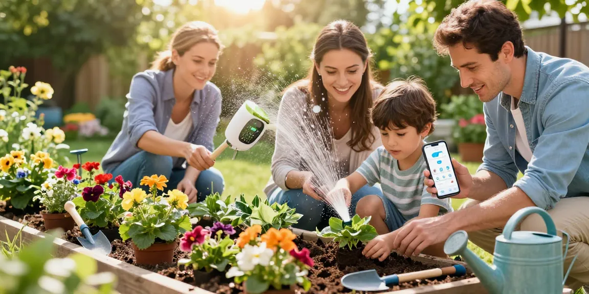 Smart sprinkler in action as a family gardens, adjusting settings via mobile app.