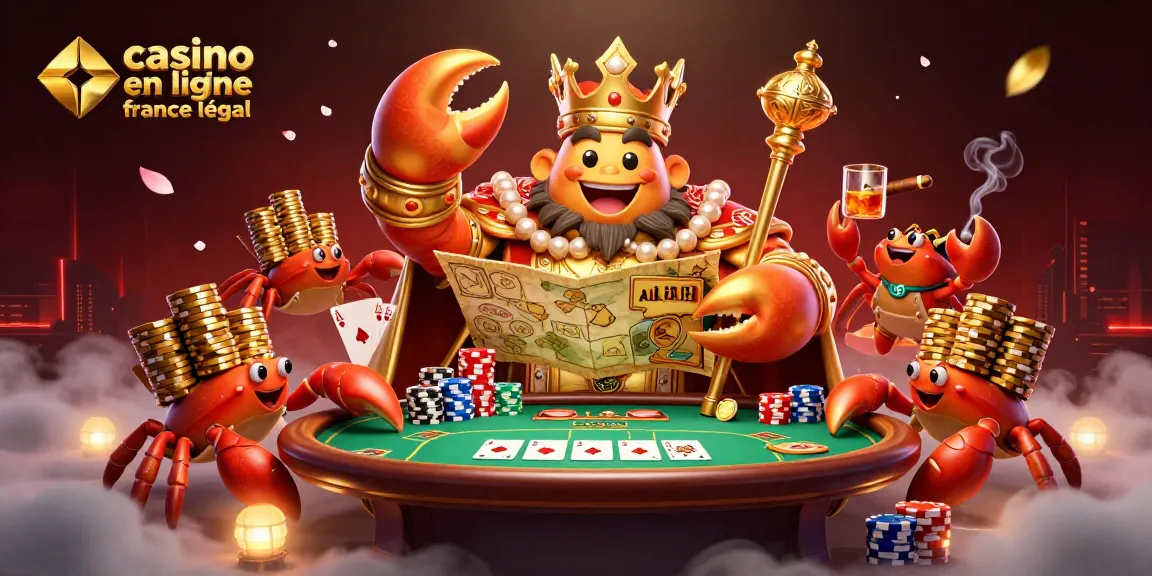 Illustration festive du casino en ligne France légal, avec un crabe doré et des jetons de poker amusants.