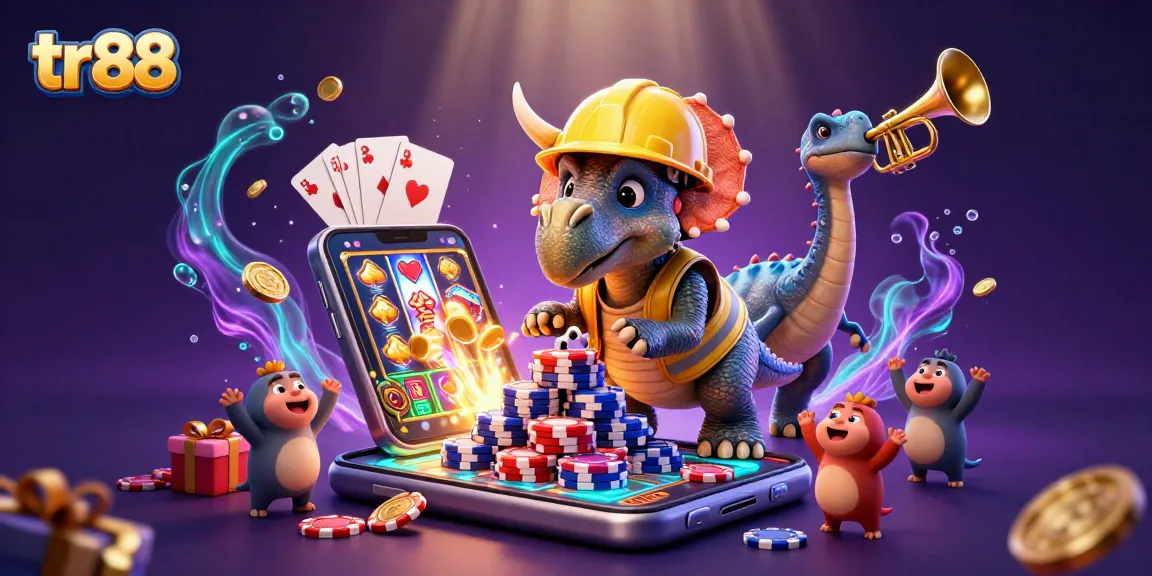 Join the excitement at tr88 with a triceratops building a pyramid of poker chips amid celebratory gaming elements.