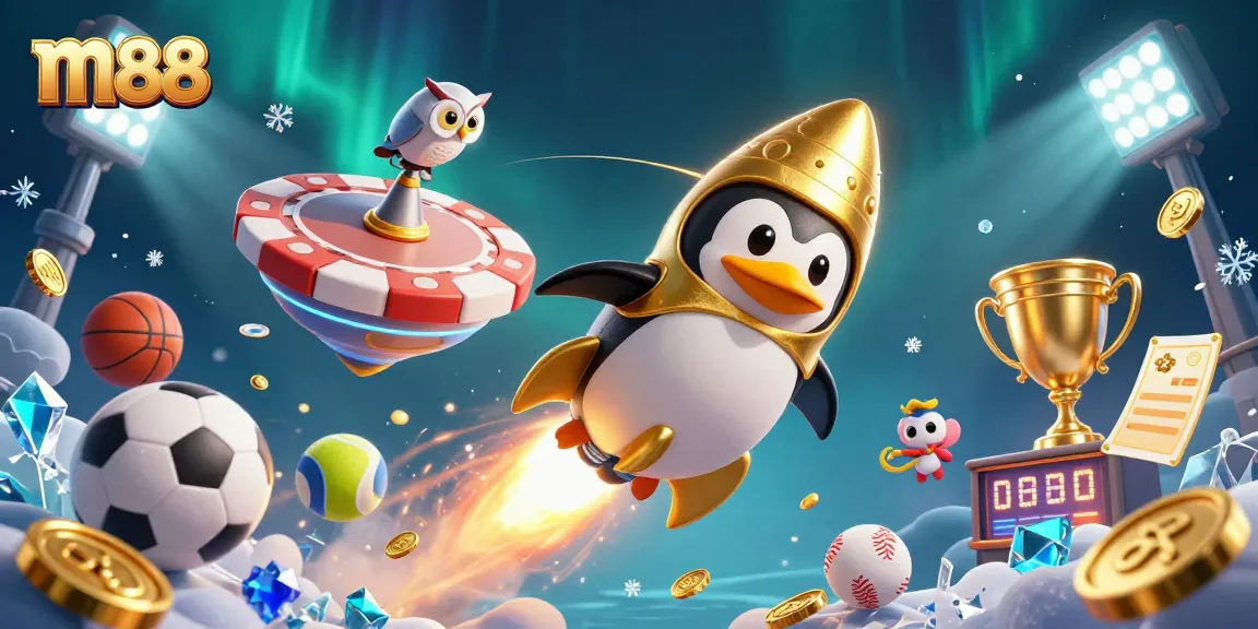 Bet on m88 with a dynamic 3D illustration showcasing a penguin and a casino-themed space station.
