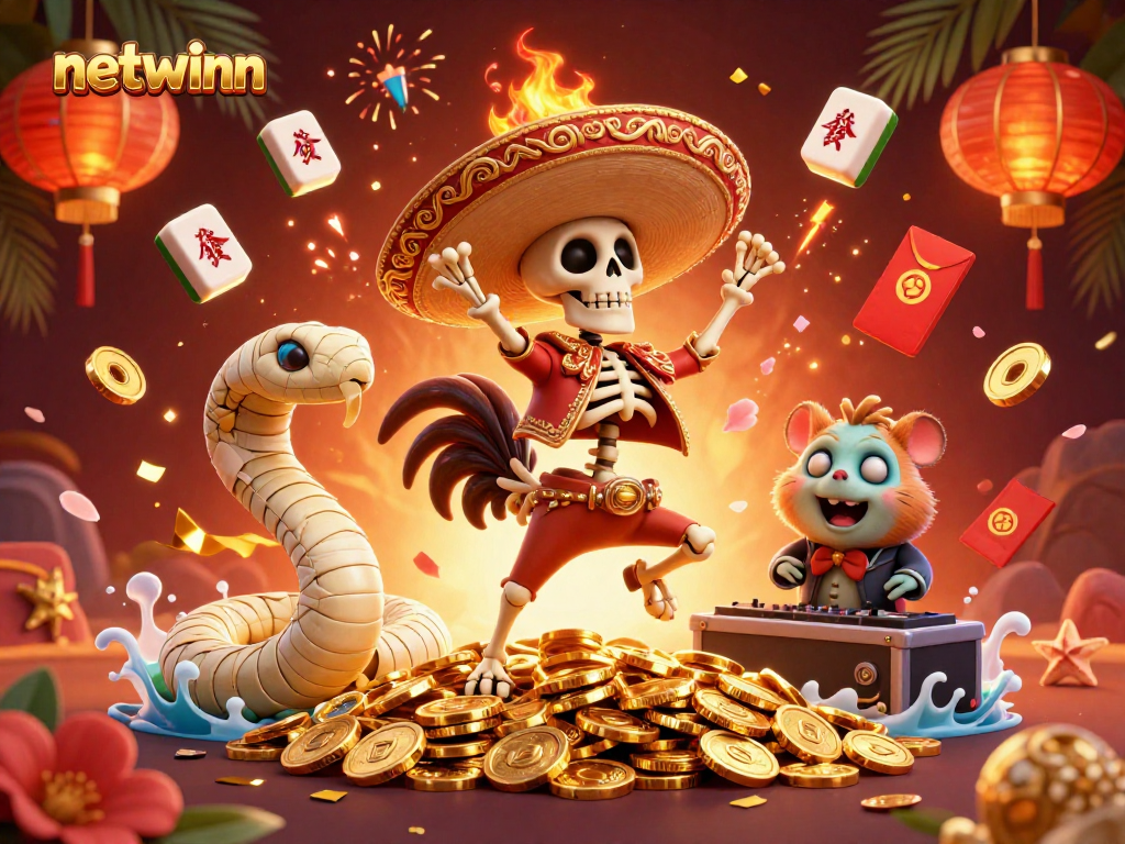 Celebrate at netwinn with a vibrant victory scene featuring a dancing mariachi rooster among golden coins.