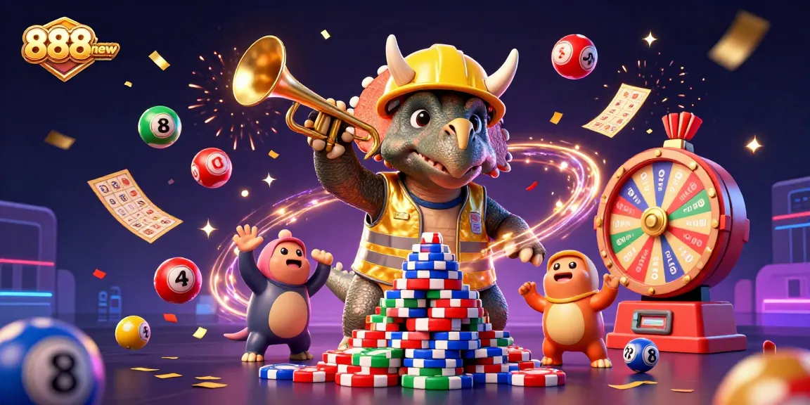 Engage with 888new's exciting gameplay as cheerful characters build a poker chip pyramid, celebrating wins!